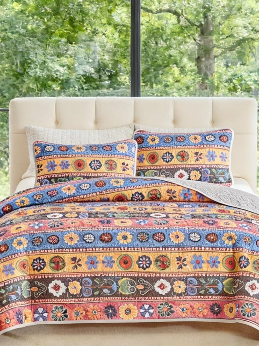 3-Piece Boho Floral Stripe Quilt Set King Size Colorful Tribal Print Bedspread